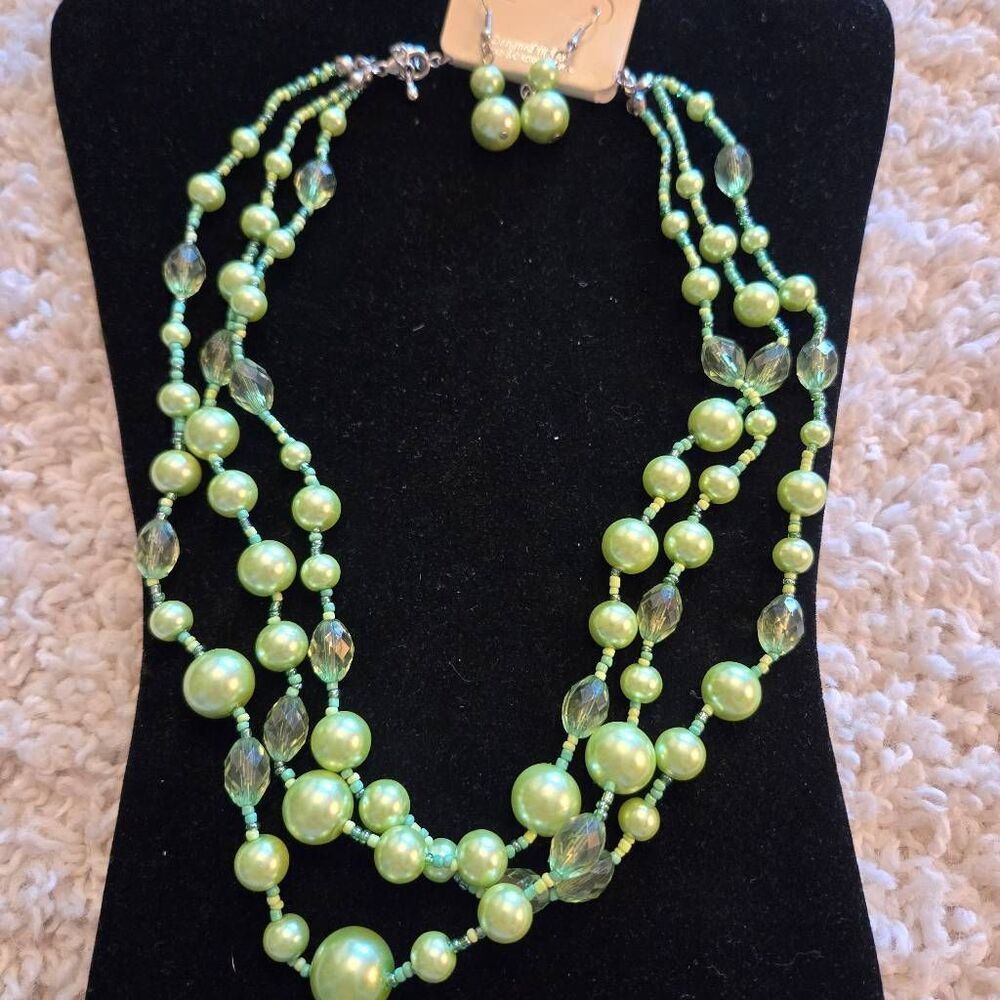 NEW 3 strand Green Pearl & Glass Bead Necklace + Earrings Set